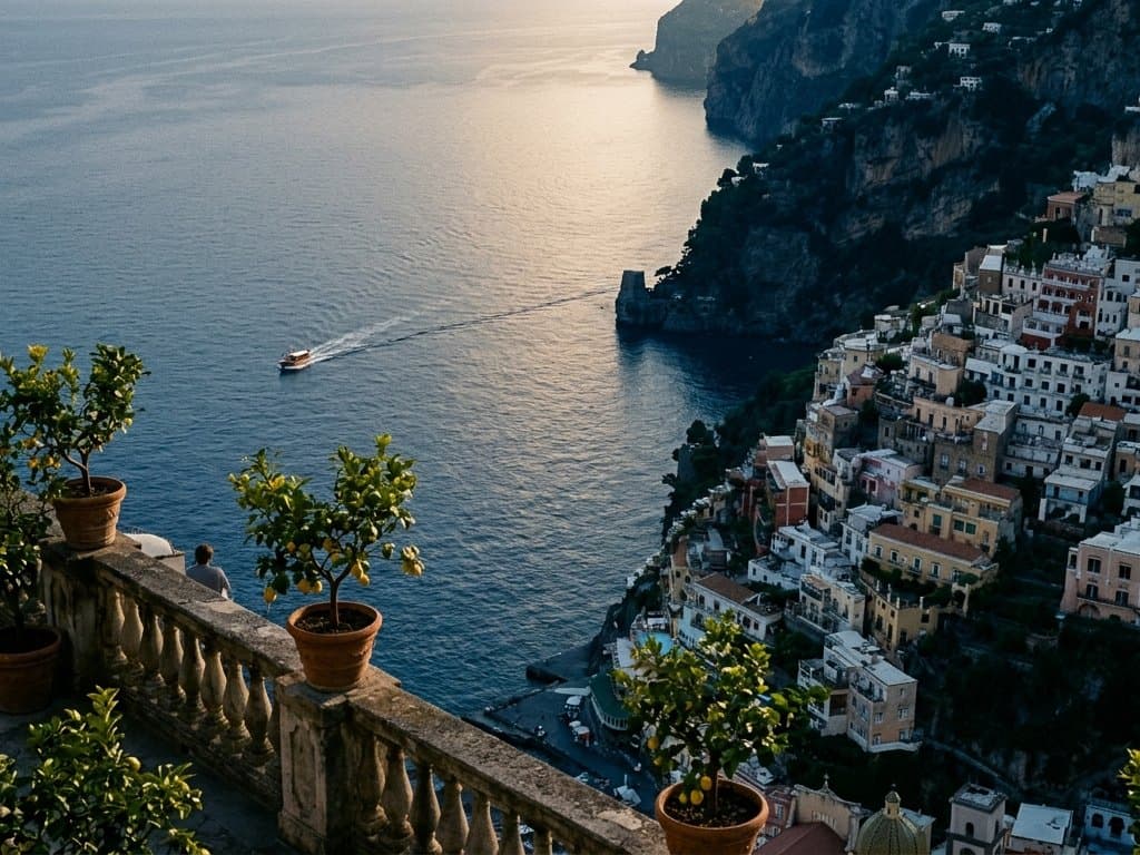 The Amalfi coast from a high terrace at golden hour, buildings stepping down to a navy sea