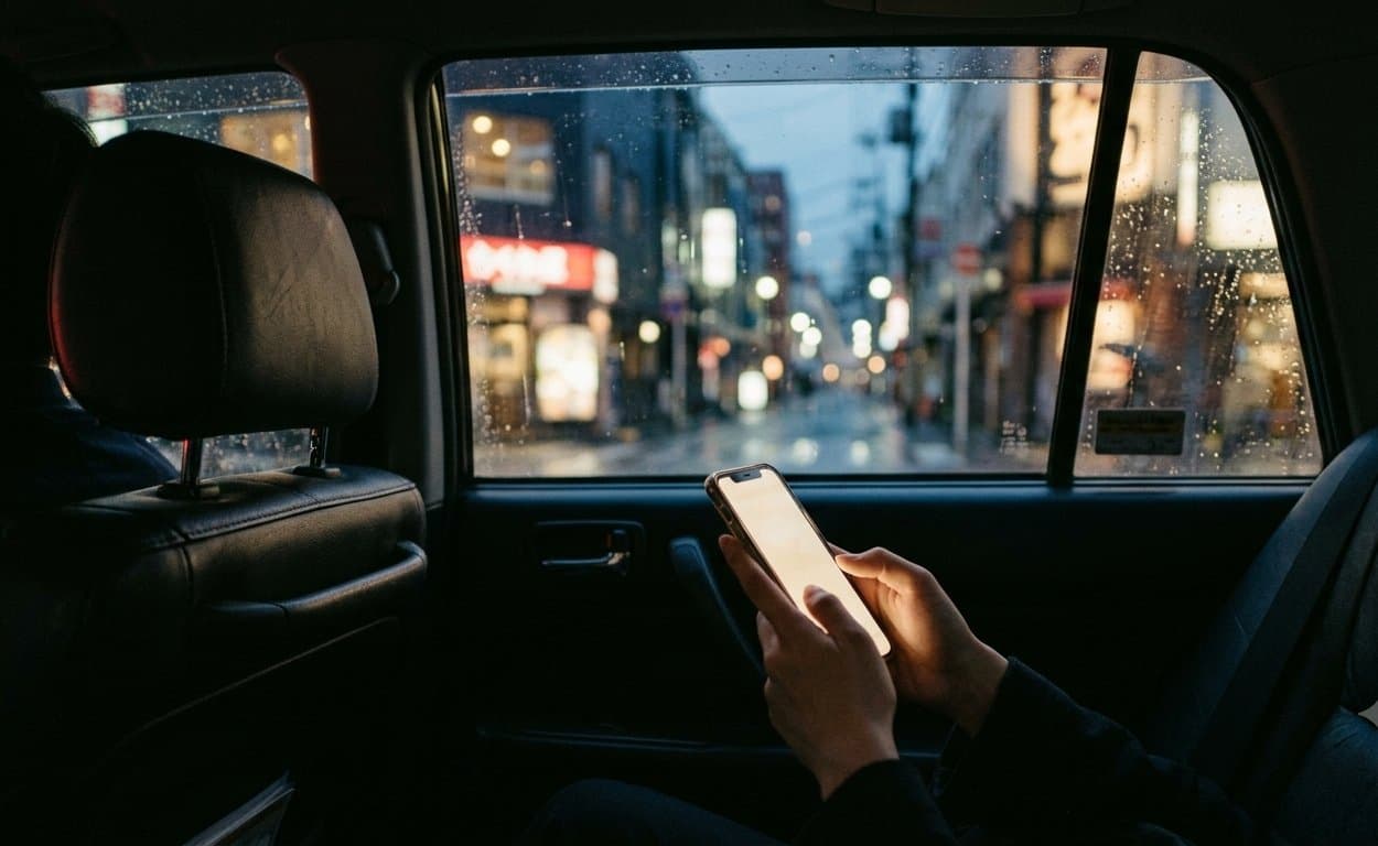 Hands holding a glowing phone in the back seat of a taxi at night, rain-blurred city lights outside