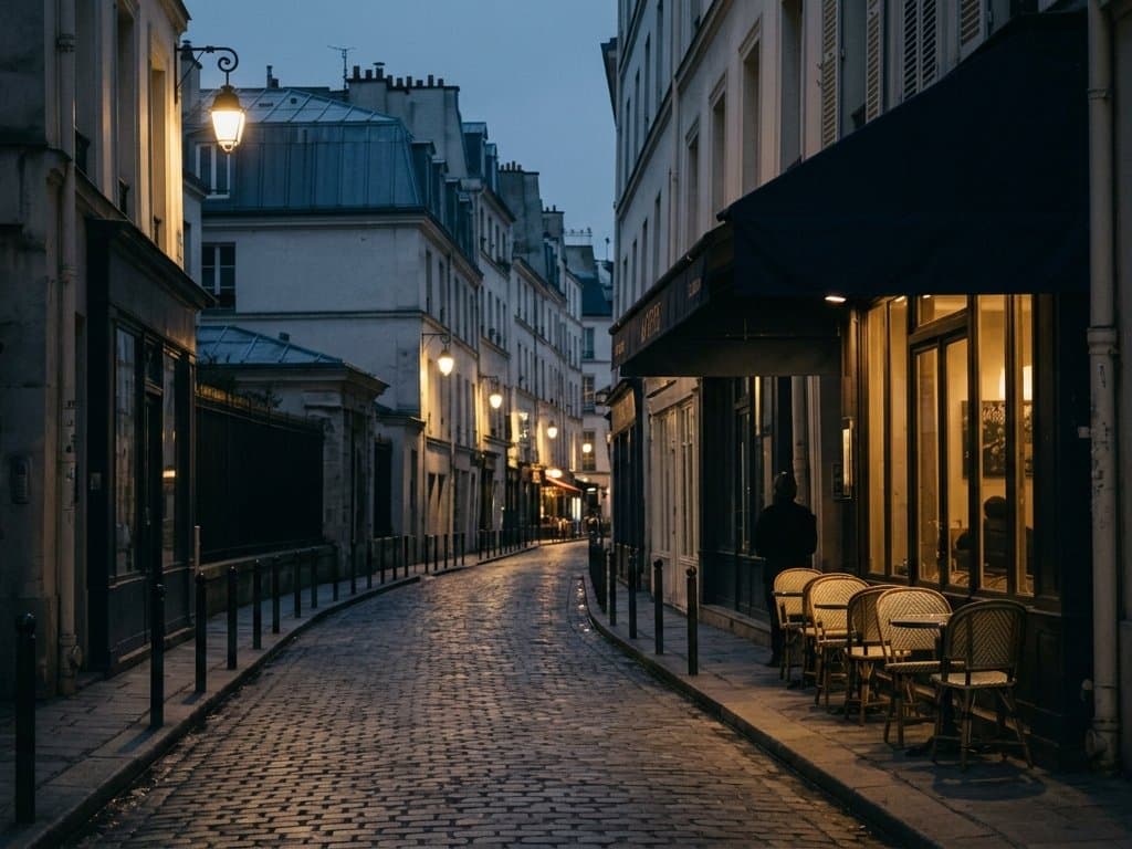 A quiet Paris side street at blue hour, bistro windows glowing gold against the dusk